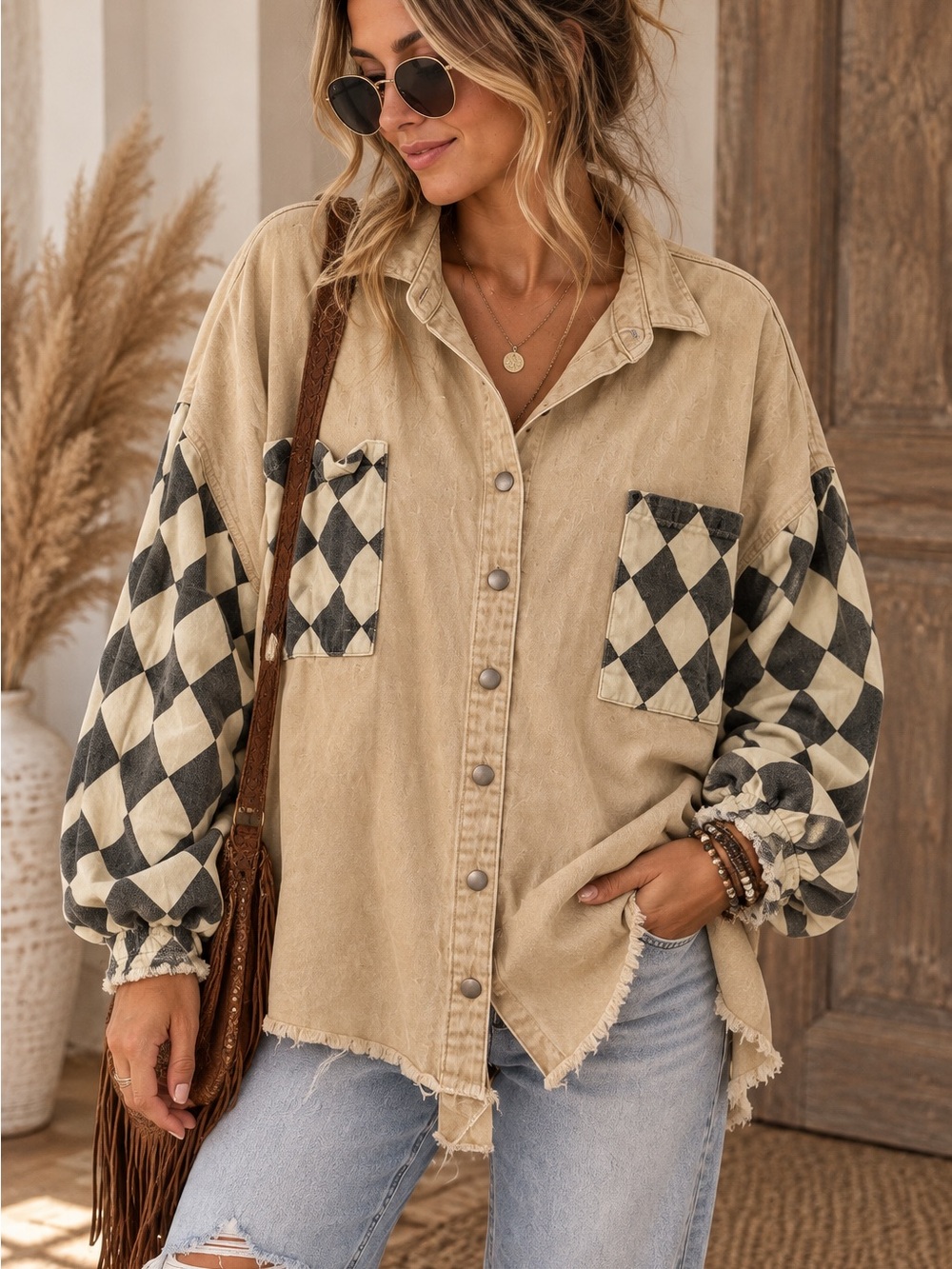 POL Size L Boho Checkered Sleeve Oversized Shacket Jacket Beige